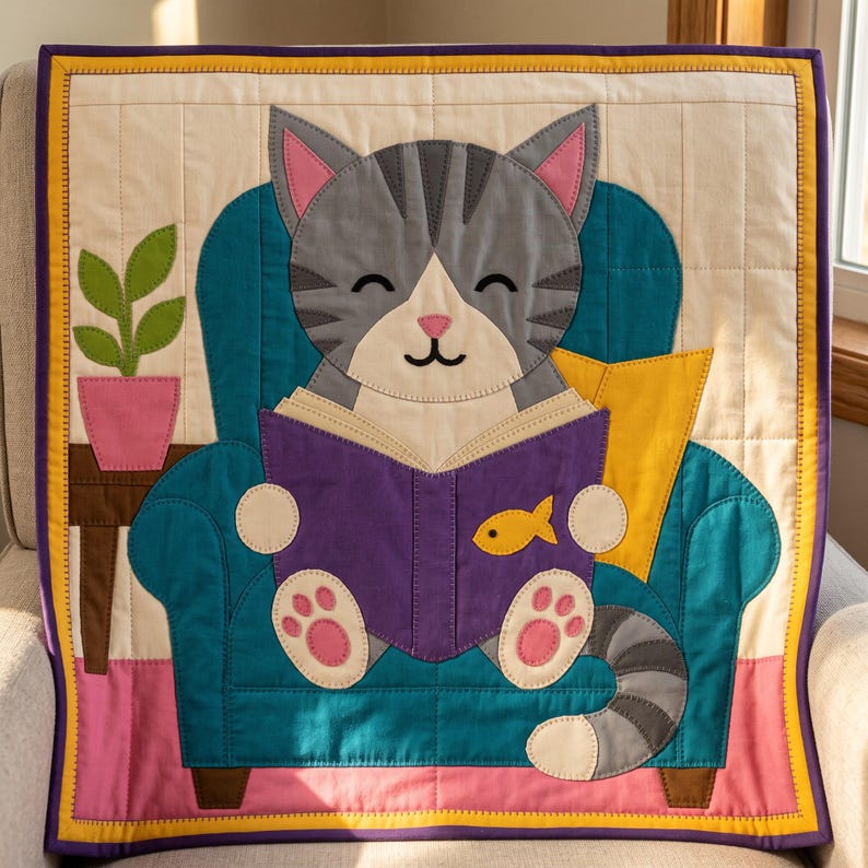 Reading Cat Quilt Pattern, Raw Edge Fusible Applique, Cat Quilt Pattern PDF, Patchwork Wall Hanging, Folk Art Quilt Template image 4