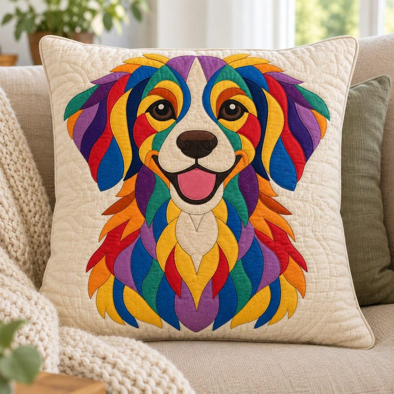 Patrón de edredón de perro Rainbow Retriever, edredón con apliques y collage, patrón de edredón de animales en PDF, tapiz de pared de patchwork, plantilla de perro de arte popular imagen 3