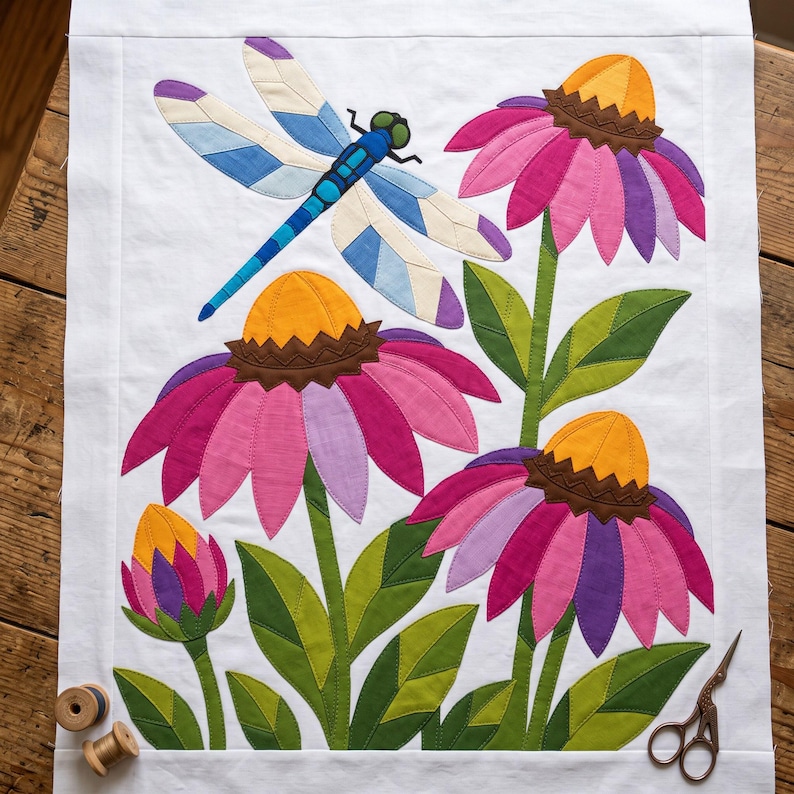 Mönster med trollslända- och solhattblommigt quiltmönster, applikations- och collagequilt i PDF-format, quiltmönster med blommigt djurmönster, applikation med råa kanter och smältbara mönster bild 17