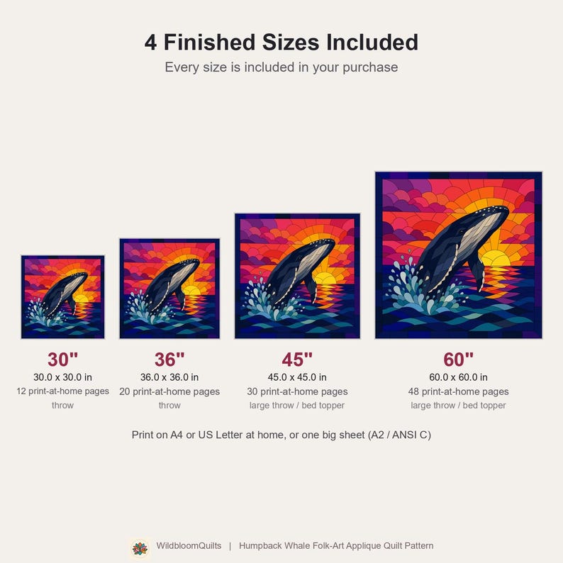 Humpback Whale Quilt Pattern, Raw Edge Fusible Applique PDF, Ocean Animal Quilt Pattern, Patchwork Wall Hanging, Folk Art Quilt Template image 3