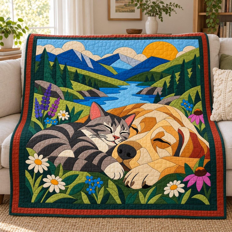 Sleeping Cat and Dog Quilt Pattern, Applique & Collage Quilt PDF, Pet Animal Quilt Pattern, Patchwork Wall Hanging, Folk Art Quilt Template image 10