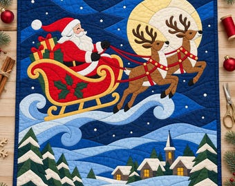 Patrón de colcha Trineo de Papá Noel, colcha con apliques y collage, patrón de colcha navideña en PDF, tapiz de pared con patchwork de vidrieras, colcha de renos
