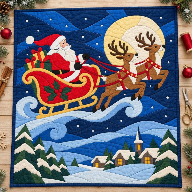 Santa Sleigh Quilt Pattern, Applique & Collage Quilt, Christmas Quilt Pattern PDF, Stained Glass Patchwork Wall Hanging, Reindeer Quilt image 1