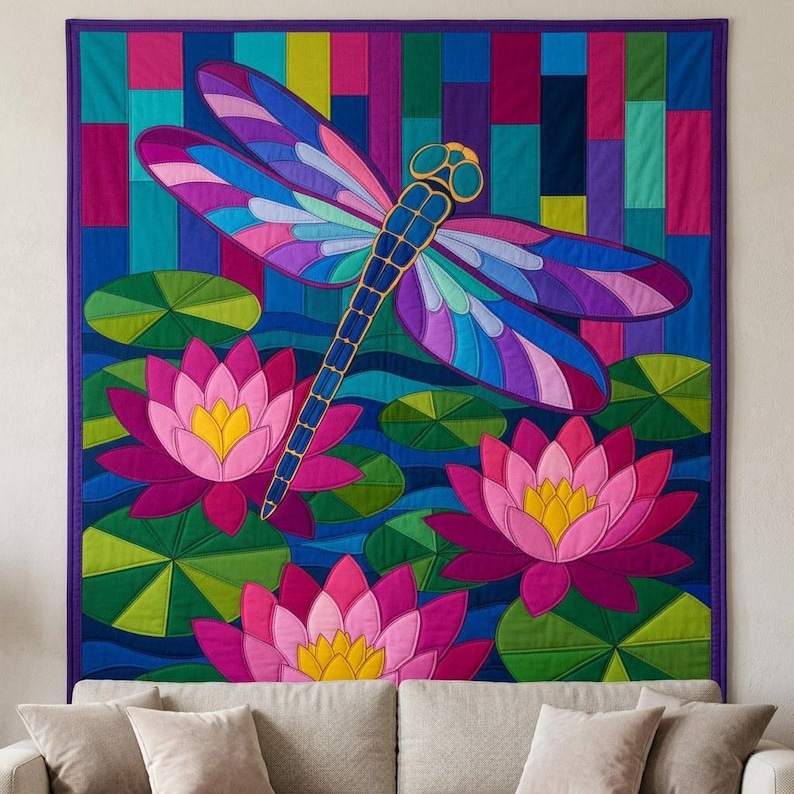 Dragonfly Waterlily Quilt Pattern, Raw Edge Fusible Applique PDF, Pond Folk Art Quilt Template, Patchwork Wall Hanging, Animal Quilt Pattern image 6