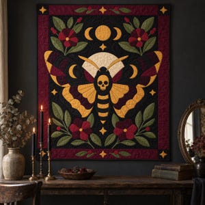 Death's Head Moth Quilt Pattern, Applique & Collage Quilt, Gothic Moth PDF Pattern, Patchwork Wall Hanging, Folk Art Quilt Template image 4