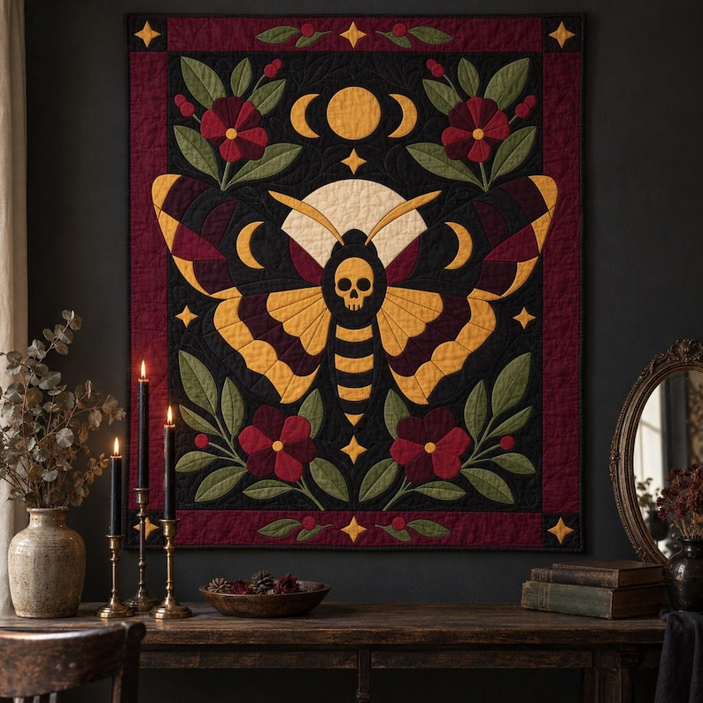 Death's Head Moth Quilt Pattern, Applique & Collage Quilt, Gothic Moth PDF Pattern, Patchwork Wall Hanging, Folk Art Quilt Template image 4