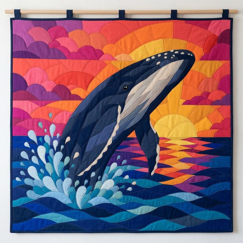 Humpback Whale Quilt Pattern, Raw Edge Fusible Applique PDF, Ocean Animal Quilt Pattern, Patchwork Wall Hanging, Folk Art Quilt Template image 11