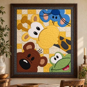 May include: A framed quilt featuring a yellow and white checkered background with appliqued cartoon animal faces including a yellow giraffe, a blue elephant, a brown bear, and a green frog, all rendered in a stitched fabric texture.