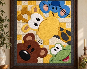 Patrón de colcha de animales bebés asomándose, colcha de apliques y collage en PDF, patrón de colcha de animales para niños, tapiz de pared de patchwork para guardería, colcha de arte popular