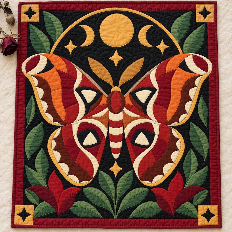 Atlas Moth Quilt Pattern, Applique & Collage Quilt PDF, Moon Phase Quilt Pattern, Folk Art Wall Hanging, Botanical Patchwork Template image 13