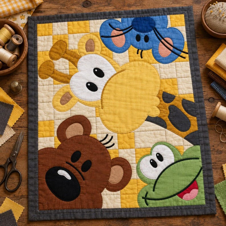 Mönster för quilt med kikande djurungar, applikations- och collagequilt i PDF-format, mönster för barnquilt med djurmotiv, väggbonad med lapptäcke för barnrum, quilt med folkkonst bild 2