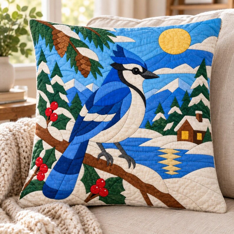 Blue Jay Quilt Pattern, Applique & Collage Quilt, Winter Bird Quilt Pattern PDF, Patchwork Wall Hanging, Folk Art Quilt Template image 4