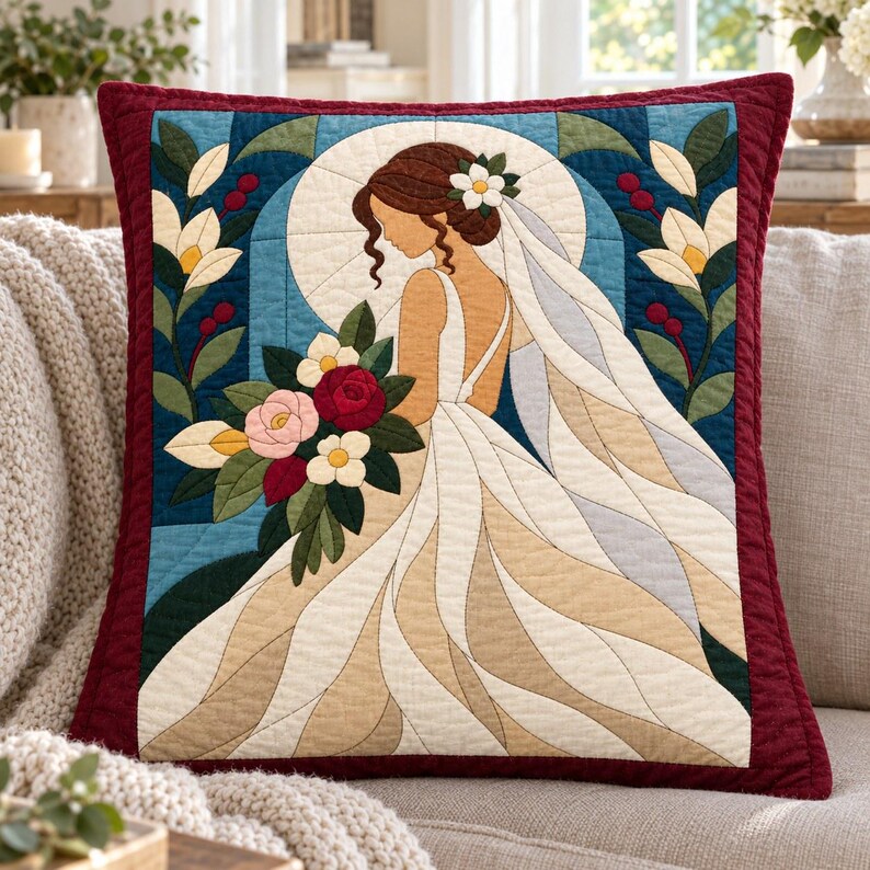 Bride Quilt Pattern, Applique & Collage Quilt, Wedding Quilt Pattern PDF, Patchwork Wall Hanging, Folk Art Quilt Template image 3