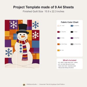 Snowman Quilt Pattern, Raw Edge Fusible Applique, Christmas Quilt Pattern PDF, Patchwork Wall Hanging, Folk Art Winter Template image 6
