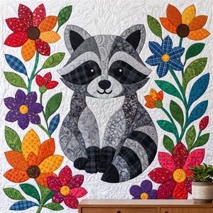 Raccoon Quilt Pattern, Raw Edge Fusible Applique, Animal Quilt Pattern PDF, Patchwork Wall Hanging, Folk Art Quilt Template image 9