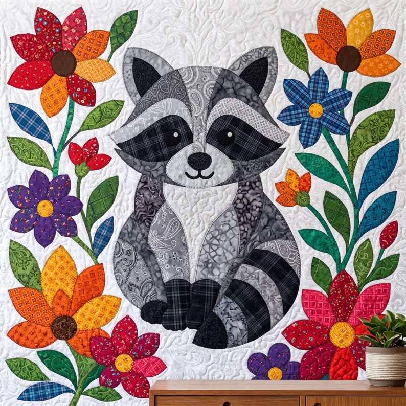 Raccoon Quilt Pattern, Raw Edge Fusible Applique, Animal Quilt Pattern PDF, Patchwork Wall Hanging, Folk Art Quilt Template image 9