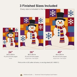 Snowman Quilt Pattern, Raw Edge Fusible Applique, Christmas Quilt Pattern PDF, Patchwork Wall Hanging, Folk Art Winter Template image 5