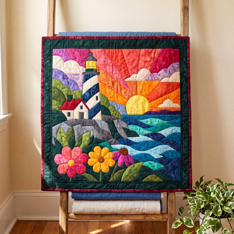 Lighthouse Sunrise Quilt Pattern, Raw Edge Fusible Applique PDF, Coastal Quilt Pattern, Patchwork Wall Hanging, Folk Art Quilt Template image 9