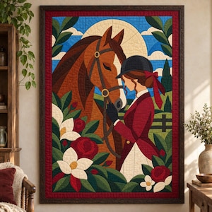 Puede incluir: Una colcha rectangular que muestra un caballo marrón y una persona montando con chaqueta roja y casco negro. La escena incluye flores blancas y rojas, hojas verdes, un cielo azul y un sol, enmarcados por un borde rojo oscuro.