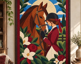Patrón de colcha Niña y Caballo, Colcha con apliques y collage, Patrón de colcha ecuestre en PDF, Tapiz de pared de patchwork, Plantilla de colcha de arte popular