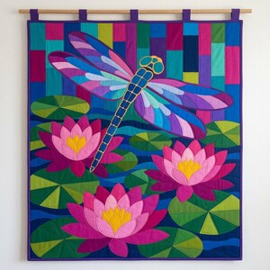 Dragonfly Waterlily Quilt Pattern, Raw Edge Fusible Applique PDF, Pond Folk Art Quilt Template, Patchwork Wall Hanging, Animal Quilt Pattern image 11