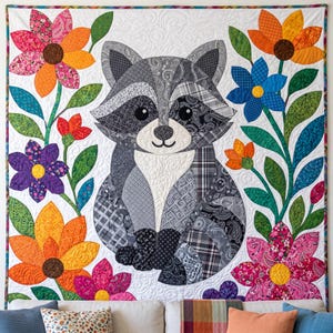 Raccoon Quilt Pattern, Raw Edge Fusible Applique, Animal Quilt Pattern PDF, Patchwork Wall Hanging, Folk Art Quilt Template image 10