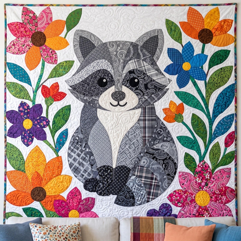 Raccoon Quilt Pattern, Raw Edge Fusible Applique, Animal Quilt Pattern PDF, Patchwork Wall Hanging, Folk Art Quilt Template image 10