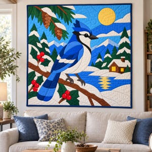 Blue Jay Quilt Pattern, Applique & Collage Quilt, Winter Bird Quilt Pattern PDF, Patchwork Wall Hanging, Folk Art Quilt Template image 12