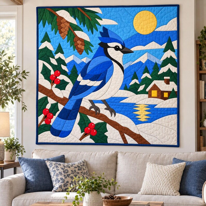 Blue Jay Quilt Pattern, Applique & Collage Quilt, Winter Bird Quilt Pattern PDF, Patchwork Wall Hanging, Folk Art Quilt Template image 12