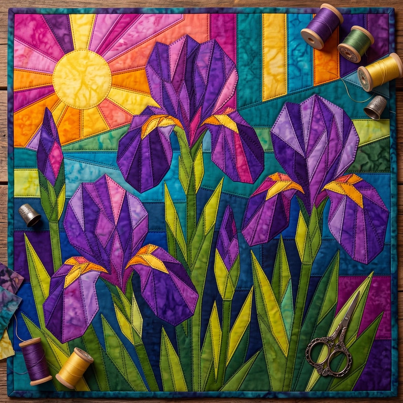 Iris Quilt Pattern, Raw Edge Fusible Applique, Flower Quilt Pattern PDF, Folk Art Wall Hanging, Patchwork Garden Quilt Template image 5