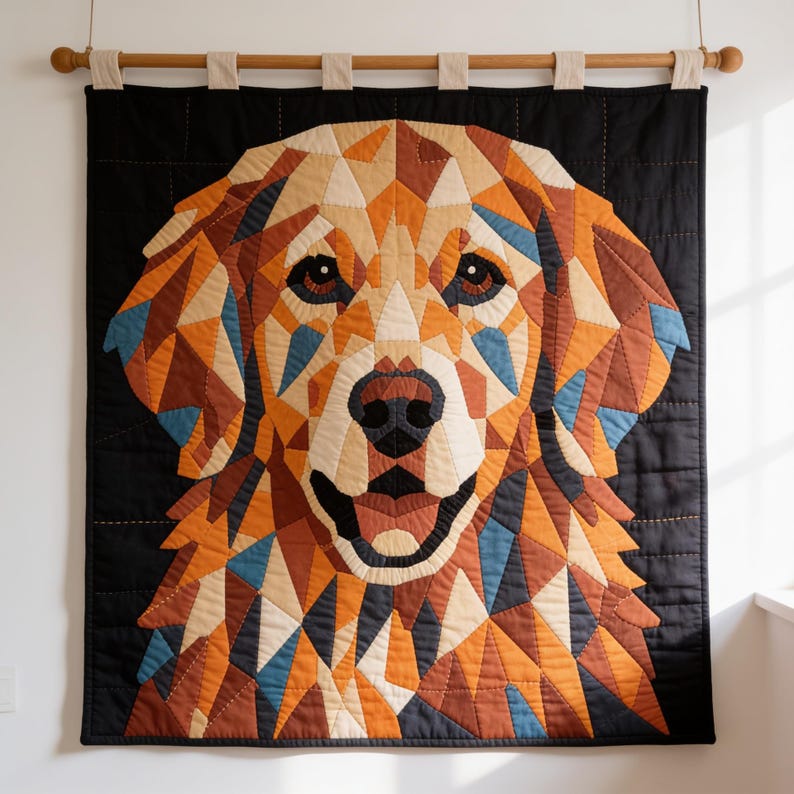 May include: A wall hanging quilt featuring a geometric portrait of a golden retriever dog. The dog is composed of triangular fabric patches in shades of gold, brown, cream, and blue, set against a solid black background with visible stitching.