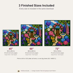 コテージガーデンキルトパターン、切りっぱなしの接着芯アップリケ、花柄ガーデンPDF、パッチワーク壁掛け、フォークアートキルトテンプレート 画像 4