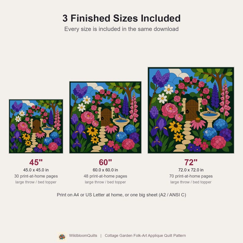 コテージガーデンキルトパターン、切りっぱなしの接着芯アップリケ、花柄ガーデンPDF、パッチワーク壁掛け、フォークアートキルトテンプレート 画像 4