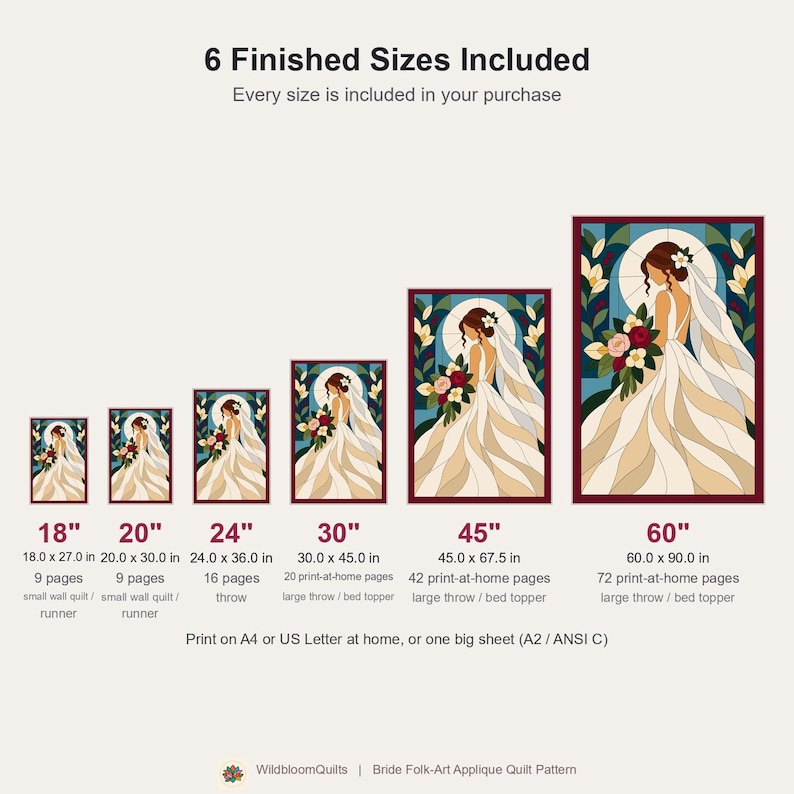 Bride Quilt Pattern, Applique & Collage Quilt, Wedding Quilt Pattern PDF, Patchwork Wall Hanging, Folk Art Quilt Template image 12