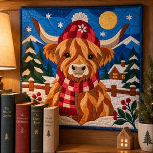 Modello per trapunta natalizia con mucca delle Highlands, trapunta con applicazioni e collage, modello PDF per trapunta con animali, arazzo patchwork, arte popolare immagine 17