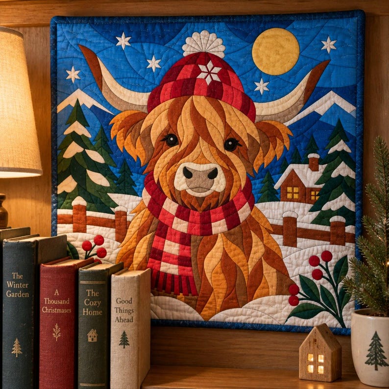 Modello per trapunta natalizia con mucca delle Highlands, trapunta con applicazioni e collage, modello PDF per trapunta con animali, arazzo patchwork, arte popolare immagine 17