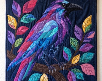 Patrón de colcha de cuervo, PDF de aplique termoadhesivo con borde sin rematar, patrón de colcha de pájaros, tapiz de patchwork, plantilla de colcha de animales de arte popular