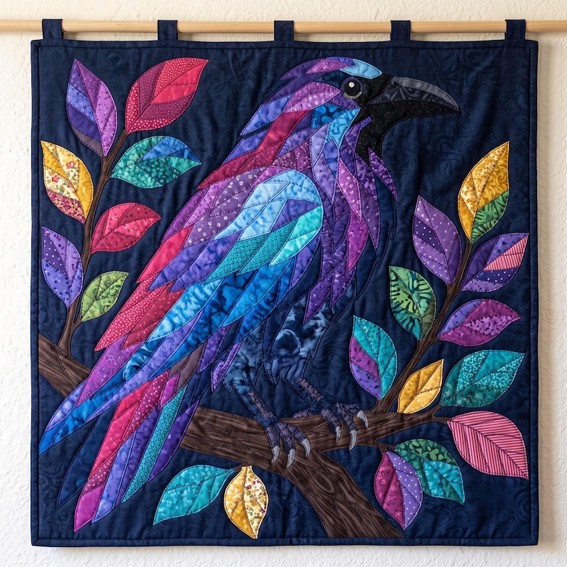 Modèle de courtepointe Corbeau, Appliqué thermocollant à bords francs (PDF), Modèle de courtepointe Oiseau, Décoration murale patchwork, Gabarit de courtepointe animal d'art populaire image 1