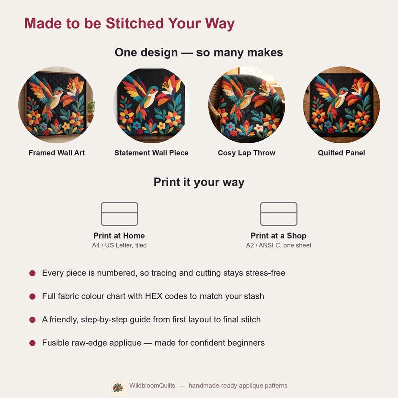 Patrón de colcha de colibrí, patrón de colcha de pared de pájaros en PDF, colcha de apliques para principiantes, aplique termoadhesivo con borde sin rematar imagen 9