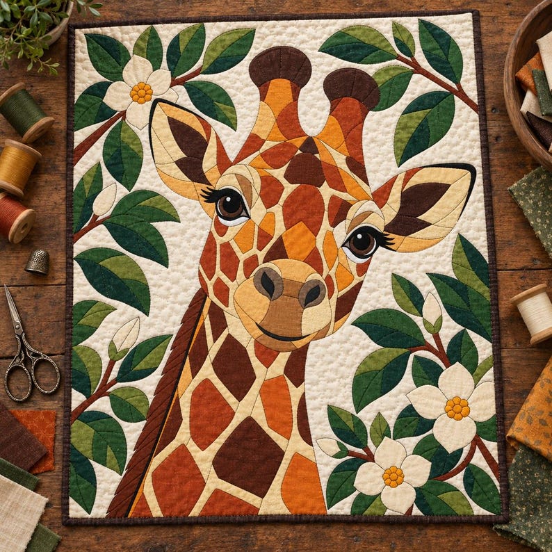 Giraffen-Quiltmuster, Applikations- und Collage-Quilt, Tier-Quiltmuster (PDF), Magnolien-Wandbehang im Volkskunststil, Patchwork-Vorlage Bild 2
