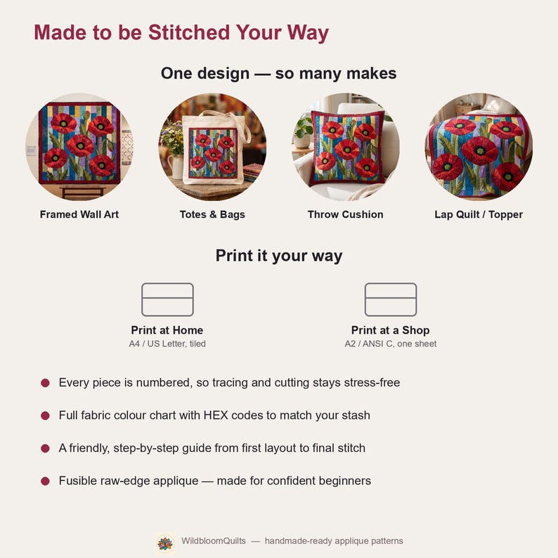 Klaprozenquiltpatroon, applicatie met rafelige rand en strijkapplicatie, bloemenquiltpatroon (PDF), patchwork wandkleed, sjabloon voor een quilt in volkskunststijl afbeelding 9