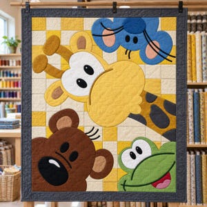 Mönster för quilt med kikande djurungar, applikations- och collagequilt i PDF-format, mönster för barnquilt med djurmotiv, väggbonad med lapptäcke för barnrum, quilt med folkkonst bild 4