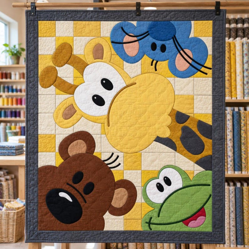 Mönster för quilt med kikande djurungar, applikations- och collagequilt i PDF-format, mönster för barnquilt med djurmotiv, väggbonad med lapptäcke för barnrum, quilt med folkkonst bild 4