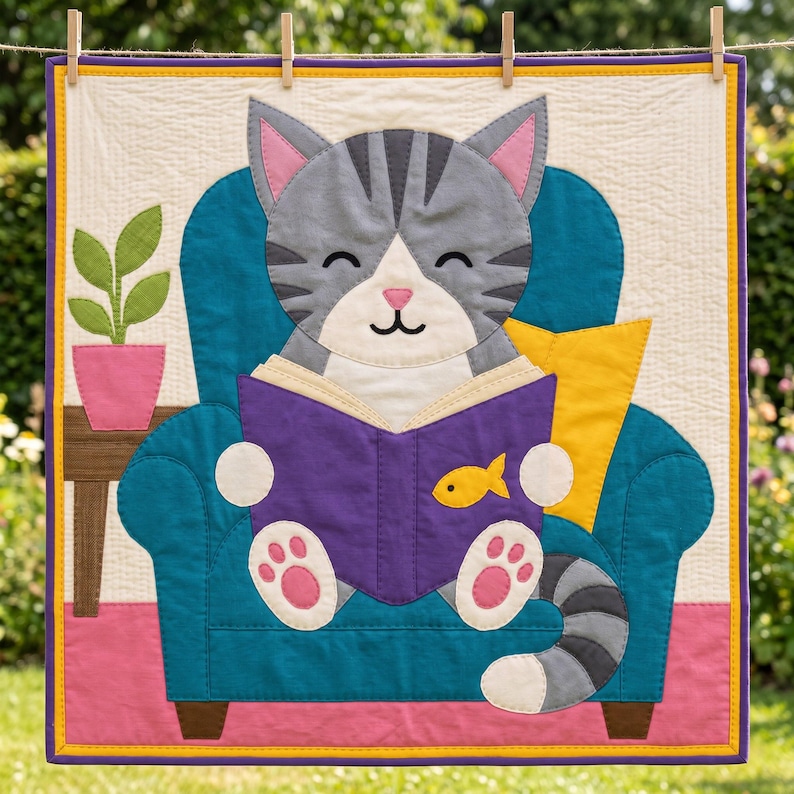 Reading Cat Quilt Pattern, Raw Edge Fusible Applique, Cat Quilt Pattern PDF, Patchwork Wall Hanging, Folk Art Quilt Template image 12