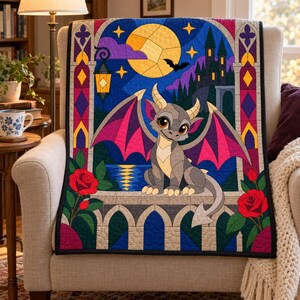 Modello per trapunta Baby Gargoyle, trapunta con applicazioni e collage, modello PDF per trapunta con animali fantastici, arazzo patchwork, modello per trapunta in stile folk art immagine 7