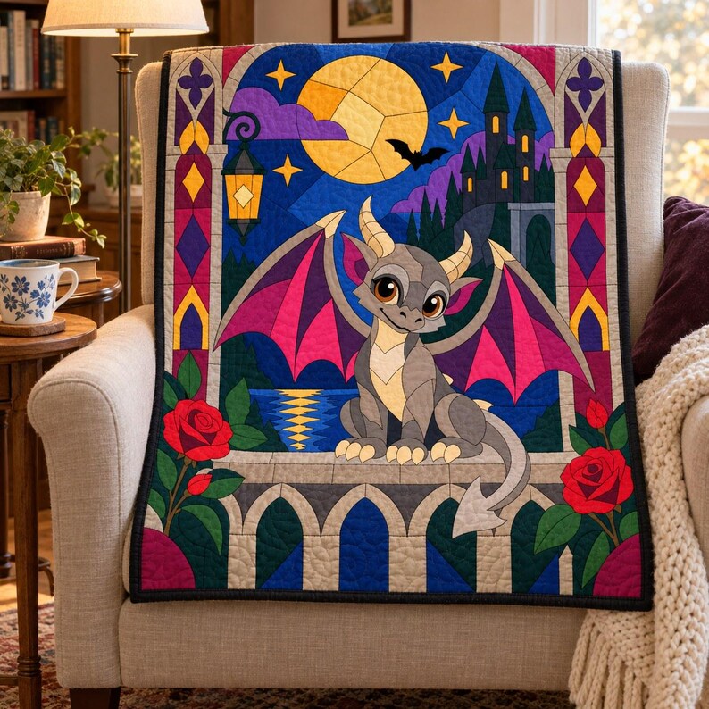 Modello per trapunta Baby Gargoyle, trapunta con applicazioni e collage, modello PDF per trapunta con animali fantastici, arazzo patchwork, modello per trapunta in stile folk art immagine 7