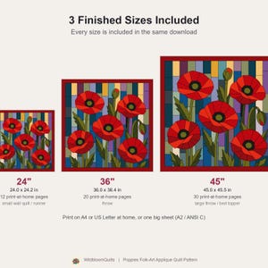 Klaprozenquiltpatroon, applicatie met rafelige rand en strijkapplicatie, bloemenquiltpatroon (PDF), patchwork wandkleed, sjabloon voor een quilt in volkskunststijl afbeelding 12