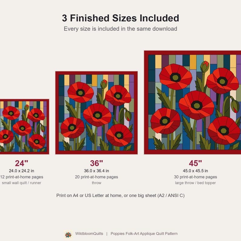 Klaprozenquiltpatroon, applicatie met rafelige rand en strijkapplicatie, bloemenquiltpatroon (PDF), patchwork wandkleed, sjabloon voor een quilt in volkskunststijl afbeelding 12
