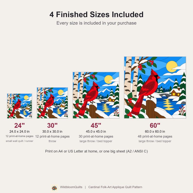 Quiltmuster „Winterkardinal“, Applikations- und Collage-Quilt, Vogel-Quiltmuster (PDF), Patchwork-Wandbehang, Quiltvorlage im Stil der Volkskunst Bild 3