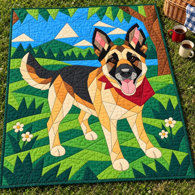 Quiltmuster für einen Deutschen Schäferhund, Applikations- und Collage-Hundequilt, Tierquiltmuster (PDF), Patchwork-Wandbehang, Quiltvorlage im Volkskunststil Bild 12